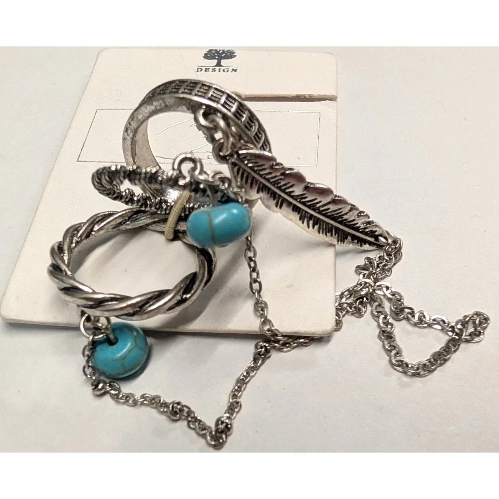 New w Tag Slave 3 Ring Set Silver Tone Faux Turquoise Feather Chain Twist Boho